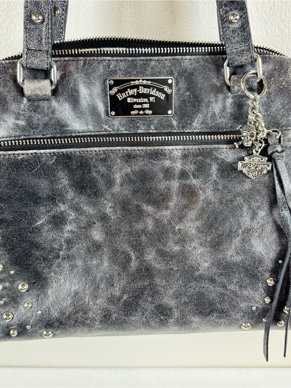 Harley-Davidson Black Distressed Leather Shoulder Bag with Studs & Charm